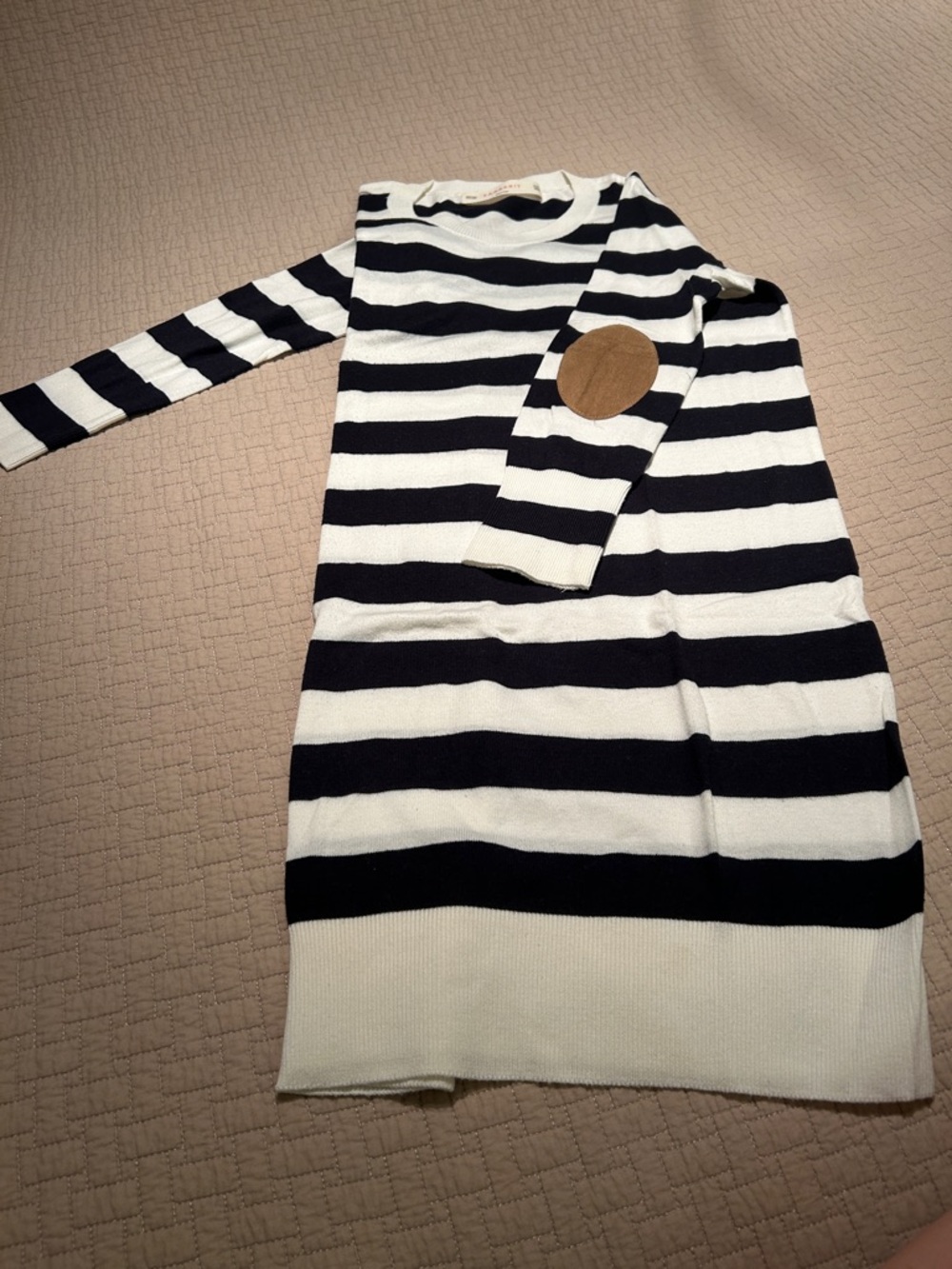 Zara Navy and White Striped Mini Dress with Tan Elbow Patch